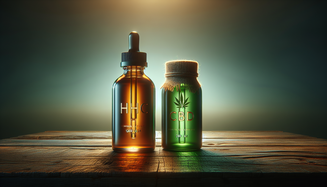 "Produse alternative de cannabinoizi E-Euphoria Vape Romania, HHC și CBD, pe o masă din lemn. Legal alternatives to THC îi HHC-P, HHC-PO."