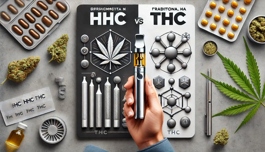 Comparație între produsele HHC și THC, prezentând un stilou vape, cannabis, capsule și diagrame științifice, evidențiind ofertele de la E-Euphoria România.