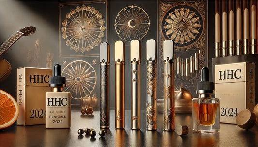 Varietate de produse HHC luxoase, inclusiv stilouri vape și sticle cu extract, expuse într-un cadru elegant și decorativ auriu. Produs de la E-Euphoria România.