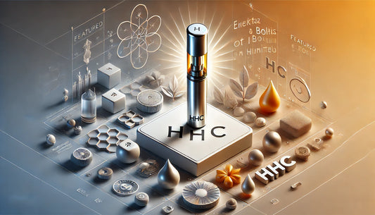 Cartuș vape HHC futurist în centrul unor elemente științifice și decorative, evidențiind produse inovatoare cu canabinoizi. Produs de la E-Euphoria România.