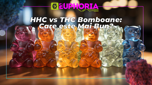 Bomboane colorate în formă de ursuleți cu HHC și THC de la Euforia pe fundal de aburi