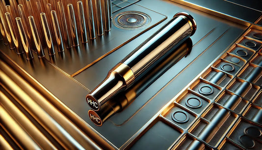 Cartuș HHC într-un cadru metalic auriu elegant, prezentând un produs de înaltă calitate de la E-Euphoria România.