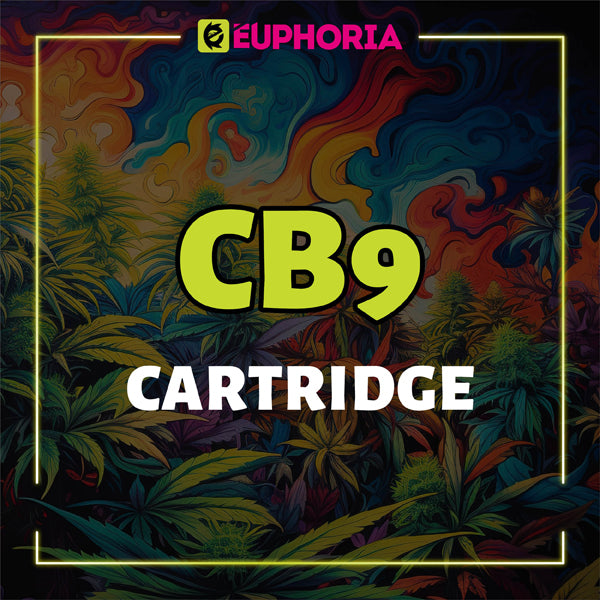 Banner colorat cu textul 'CB9 Cartridge' de la E-Euphoria, cu frunze de canabis și un fundal psihodelic