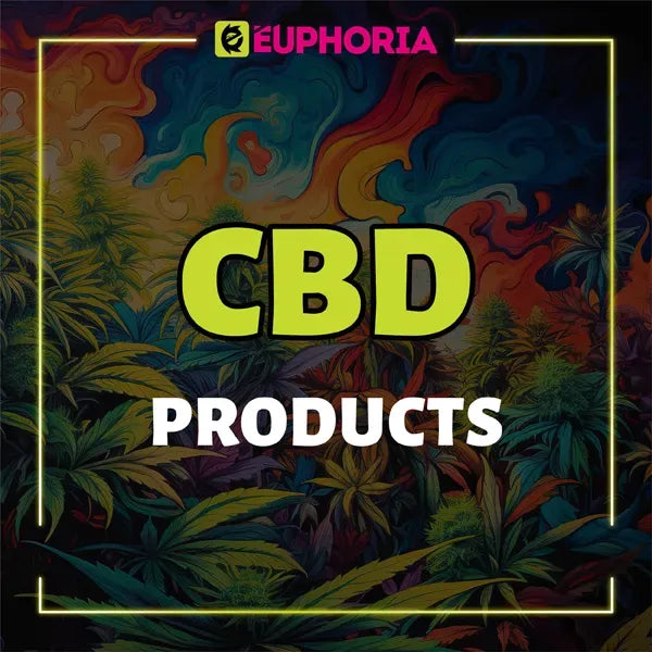 Imagine promoțională E-Euphoria Vape Romania cu text "CBD Products" pe fundal colorat cu frunze de cannabis, simbolizând gama de produse CBD disponibile.