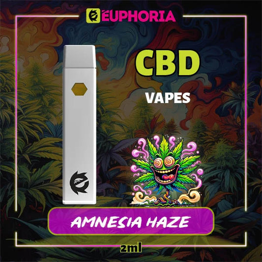 Un CBD Vape de la E-Euphoria România, conținând 2ml cu 60% CBD și miros de terpene Amnezia Haze, aromă de citrice pentru un efect calmant.