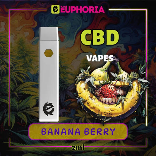 Un CBD Vape de la E-Euphoria România, conținând 2ml cu 60% CBD și miros de terpene Banana Berry, aromă de banană pentru un efect relaxant.