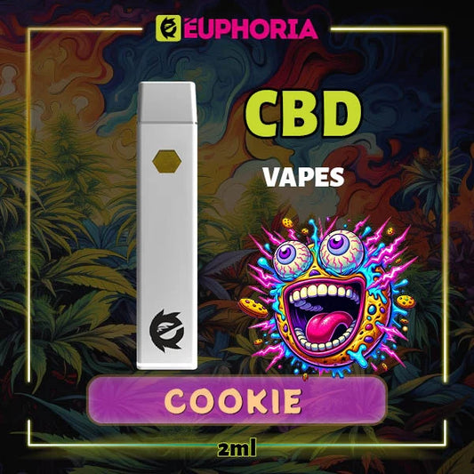 Un CBD Vape de la E-Euphoria România, conținând 2ml cu 60% CBD și miros de terpene Biscuită, aromă de biscuiți pentru un efect relaxant.