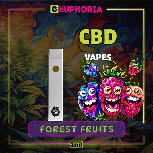 Un CBD Vape de la E-Euphoria România, conținând 2ml cu 60% CBD și miros de terpene Forest Fruits, note citrice și pământii pentru un efect calmant, relaxant mental.