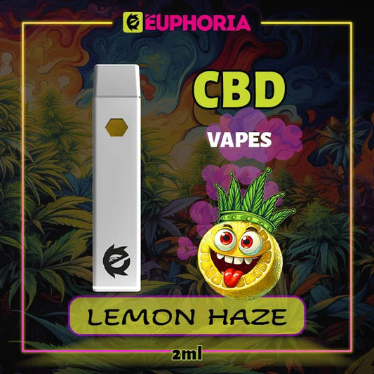 Un CBD Vape de la E-Euphoria România, conținând 2ml cu 60% CBD și miros de terpene Lemon Haze, aromă de lămâie pentru un efect calmant.