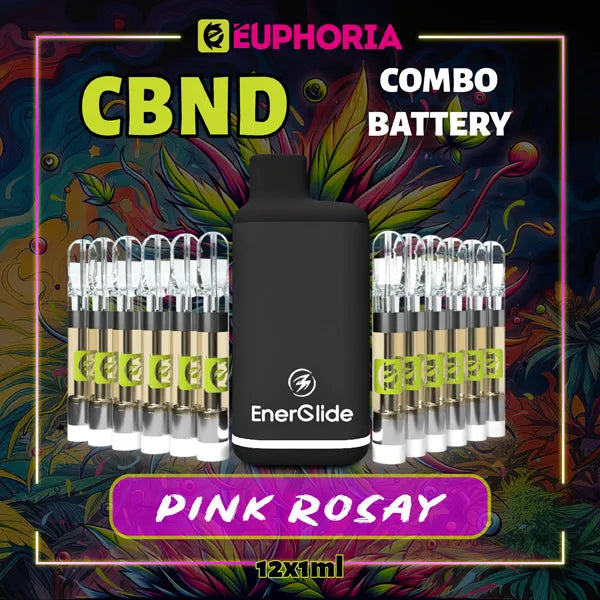 Doisprezece CBND Vape de la E-Euphoria România, conținând 1ml cu 95% CBND și miros de terpene Pink Rozay, aromă de trandafir pentru un efect relaxant.