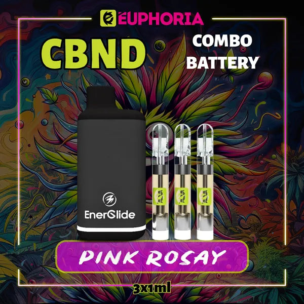 Trei CBND Cartuș Vape de la E-Euphoria România, conținând 1ml cu 95% CBND și miros de terpene Pink Rozay, aroma de trandafir pentru un efect relaxant.