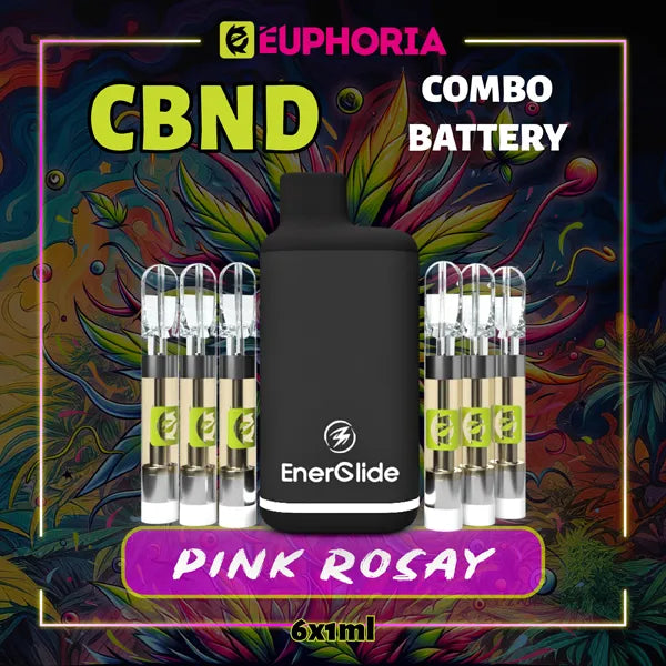 Şase CBND Cartuș Vape de la E-Euphoria România, conținând 1ml cu 95% CBND și miros de terpene Pink Rozay, aromă de trandafir pentru un efect relaxant.