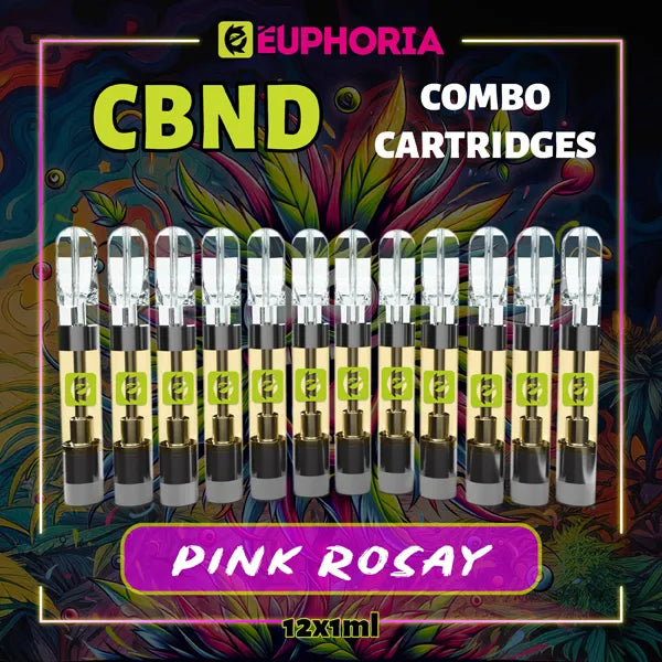 Doisprezece CBND Cartuș Vape de la E-Euphoria România, conținând 1ml cu 95% CBND și miros de terpene Pink Rozay, aroma de trandafir pentru un efect relaxant.