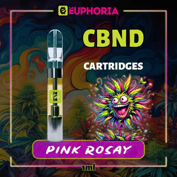 Un CBND Cartuș Vape de la E-Euphoria România, conținând 1ml cu 95% CBND și miros de terpene Pink Rozay, aroma de trandafir pentru un efect relaxant.