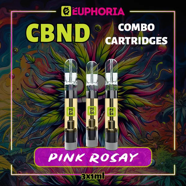 Trei CBND Cartuș Vape de la E-Euphoria România, conținând 1ml cu 95% CBND și miros de terpene Pink Rozay, aromă de trandafir pentru un efect relaxant.