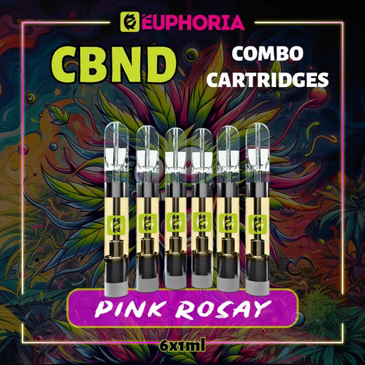 Şase CBND Cartuș Vape de la E-Euphoria România, conținând 1ml cu 95% CBND și miros de terpene Pink Rozay, aromă de trandafir pentru un efect relaxant.