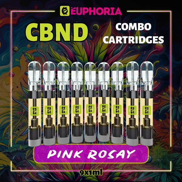 Nouă CBND Cartuș Vape de la E-Euphoria România, conținând 1ml cu 95% CBND și miros de terpene Pink Rozay, aroma de trandafir pentru un efect relaxant.