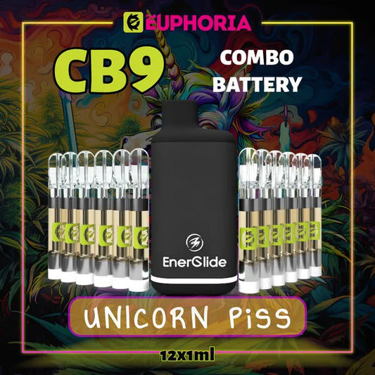 Doisprezece CB9 Cartuș Vape + Battery de la E-Euphoria România, conținând 1ml cu 88% CBD și miros de terpene Unicorn Piss, aromă de citrice pentru un efect fericit, râzând