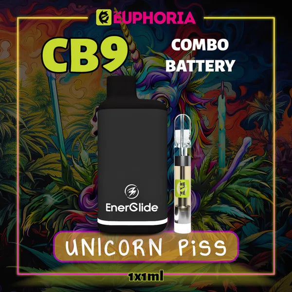 CB9 Cartuș Vape + Battery de la E-Euphoria România, conținând 1ml cu 88% CBD și miros de terpene Unicorn Piss, aromă de citrice pentru un efect fericit, râzând.