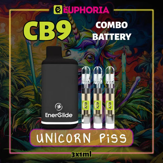 Trei CB9 Cartuș Vape + Battery de la E-Euphoria România, conținând 1ml cu 88% CBD și miros de terpene Unicorn Piss, cu o aromă de citrice pentru un efect fericit, râzând.