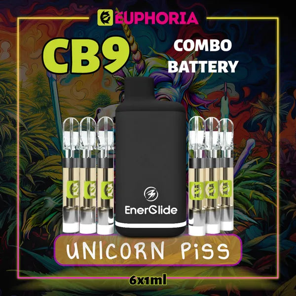 Şase CB9 Cartuș Vape + Battery de la E-Euphoria România, conținând 1ml cu 88% CBD și miros de terpene Unicorn Piss, aromă de citrice pentru un efect fericit, râzând.