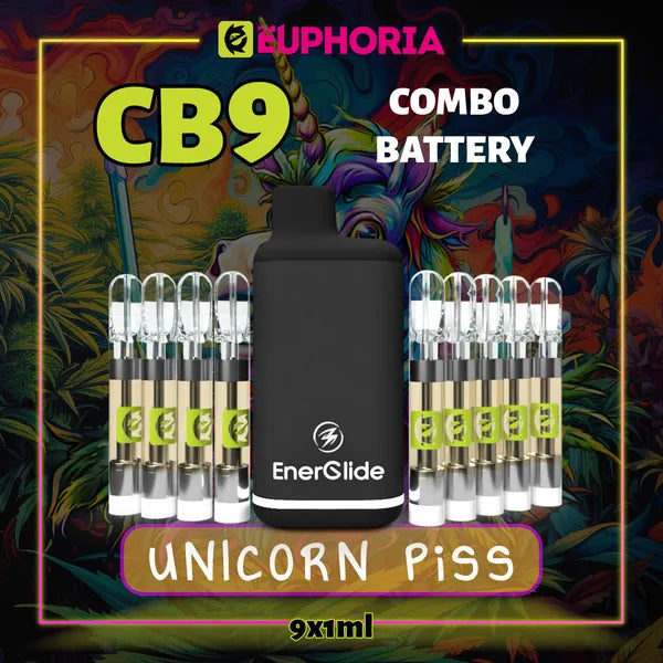 Nouă CB9 Cartuș Vape + Battery de la E-Euphoria România, conținând 1ml cu 88% CBD și miros de terpene Unicorn Piss, aromă de citrice pentru un efect fericit, râzând.