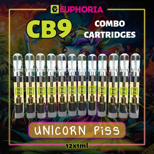 Doisprezece CB9 Cartuș Vape de la E-Euphoria România, conținând 1ml cu 88% CBD și miros de terpene Unicorn Piss, aromă de citrice pentru un efect fericit, râzând.