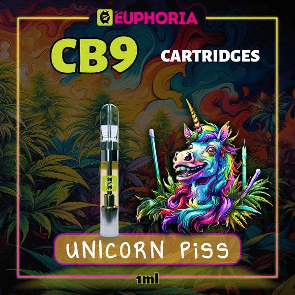 Un CB9 Cartuș Vape de la E-Euphoria România, conținând 1ml cu 88% CBD și miros de terpene Unicorn Piss, aromă de citrice pentru un efect fericit, râzând.