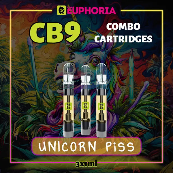 Trei CB9 Cartuș Vape de la E-Euphoria România, conținând 1ml cu 88% CBD și miros de terpene Unicorn Piss, aromă de citrice pentru un efect fericit, râzând.