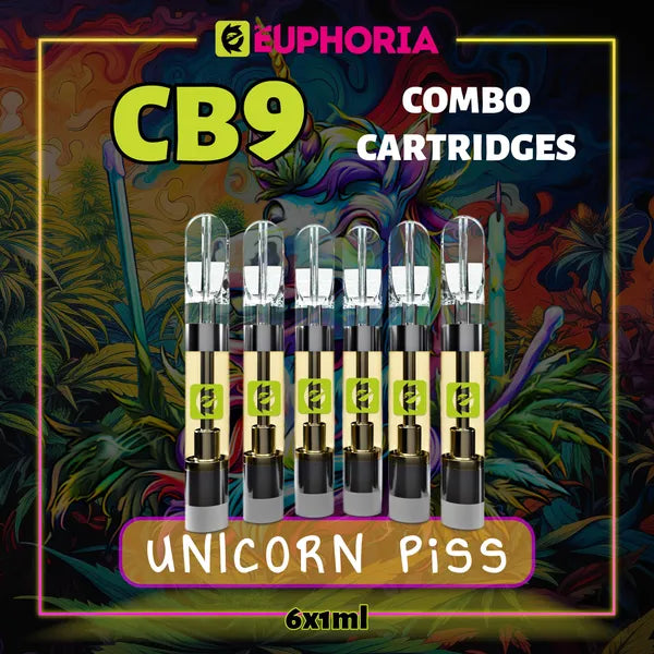 Şase CB9 Cartuș Vape de la E-Euphoria România, conținând 1ml cu 88% CBD și miros de terpene Unicorn Piss, aromă de citrice pentru un efect fericit, râzând.