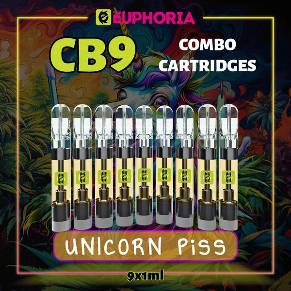 Nouă CB9 Cartuș Vape de la E-Euphoria România, conținând 1ml cu 88% CBD și miros de terpene Unicorn Piss, aromă de citrice pentru un efect fericit, râzând.