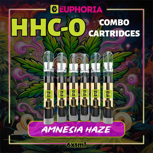 Şase HHCO Cartuș Vape de la E-Euphoria România, conținând 1ml cu 95% și miros de terpene Amnezia Haze, aromă de citrice pentru un efect stimulant.