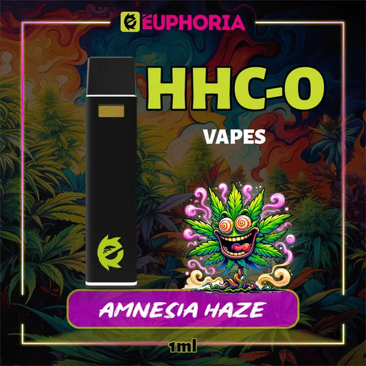 Un HHCO Vape de la E-Euphoria România, conținând 1ml cu 95% și miros de terpene Amnezia Haze, aromă de citrice pentru un efect stimulant.
