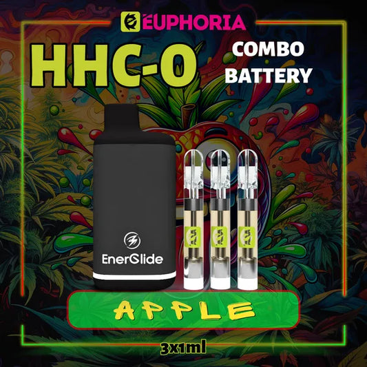 Trei HHCO Cartuș Vape + Battery de la E-Euphoria România, conținând 1ml cu 95% și miros de terpene Măr, aromă dulce fructată pentru un efect euforic calmant.