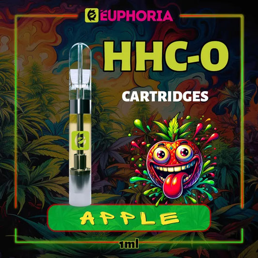 Un HHCO Cartuș Vape de la E-Euphoria România, conținând 1ml cu 95% și miros de terpene Măr, aromă dulce fructată pentru un efect euforic calmant.