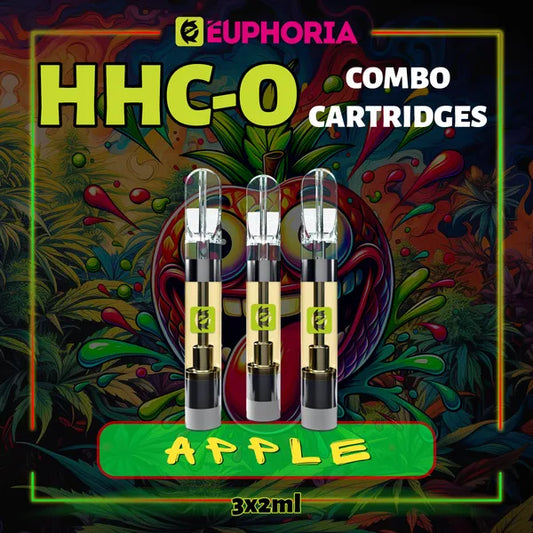 Trei HHCO Cartuș Vape de la E-Euphoria România, conținând 1ml cu 95% și miros de terpene Măr, aromă dulce fructată pentru un efect euforic calmant.