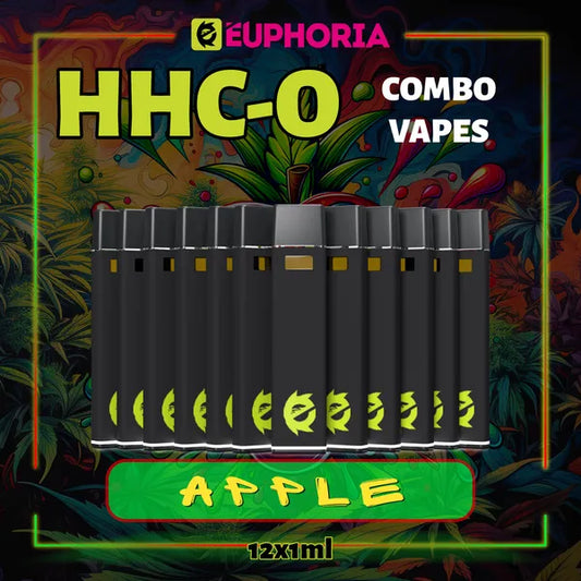 Doisprezece HHCO Vape de la E-Euphoria România, conținând 1ml cu 95% și miros de terpene Măr, aromă dulce fructată pentru un efect euforic calmant.