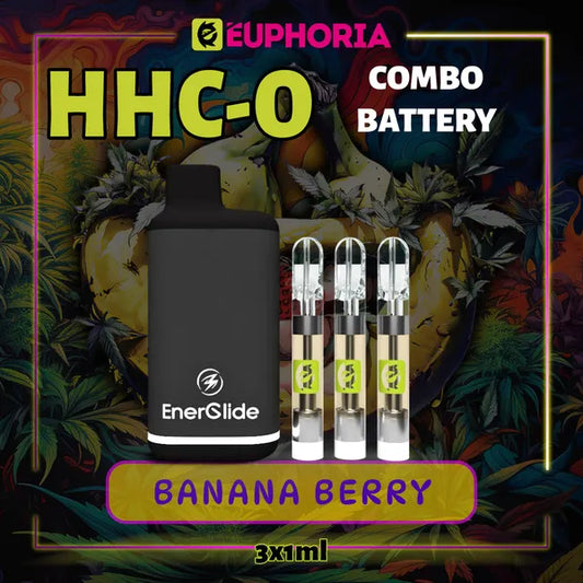 Trei HHCO Cartuș Vape + Battery de la E-Euphoria România, conținând 1ml cu 95% și miros de terpene Banana Berry, aromă de banană pentru un efect relaxant.