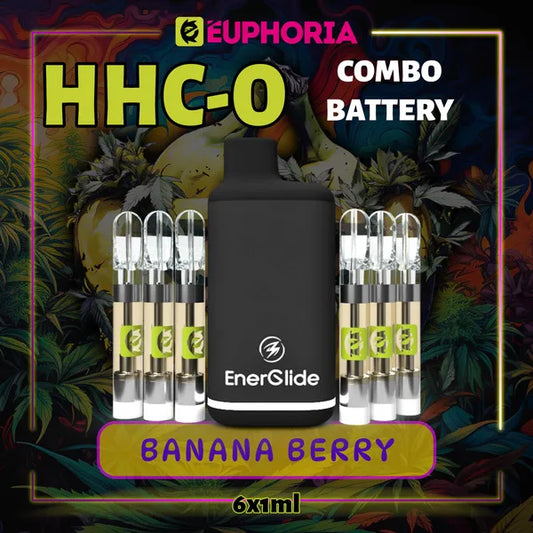 Şase HHCO Cartuș Vape + Battery de la E-Euphoria România, conținând 1ml cu 95% și miros de terpene Banana Berry, aromă de banană pentru un efect relaxant.