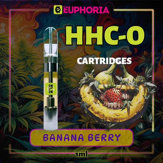 Un HHCO Cartuș Vape de la E-Euphoria România, conținând 1ml cu 95% și miros de terpene Banana Berry, aromă de banană pentru un efect relaxant.