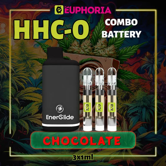 Trei HHCO Cartuș Vape + Battery de la E-Euphoria România, conținând 1ml cu 95% și miros de terpene Ciocolată, aromă de ciocolată pentru un efect de concentrare.