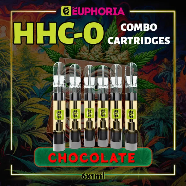 Şase HHCO Cartuș Vape de la E-Euphoria România, conținând 1ml cu 95% și miros de terpene Ciocolată, aromă de ciocolată pentru un efect de concentrare.