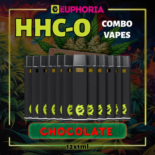 Doisprezece HHCO Vape de la E-Euphoria România, conținând 1ml cu 95% și miros de terpene Ciocolată, aromă de ciocolată pentru un efect de concentrare.