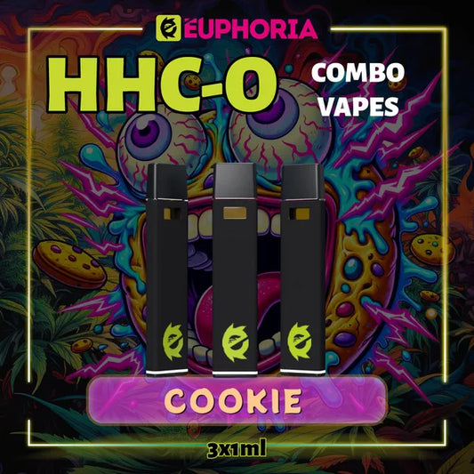 Trei HHCO Vape de la E-Euphoria România, conținând 1ml cu 95% și miros de terpene Biscuită, aromă de biscuiți pentru un efect euforic.