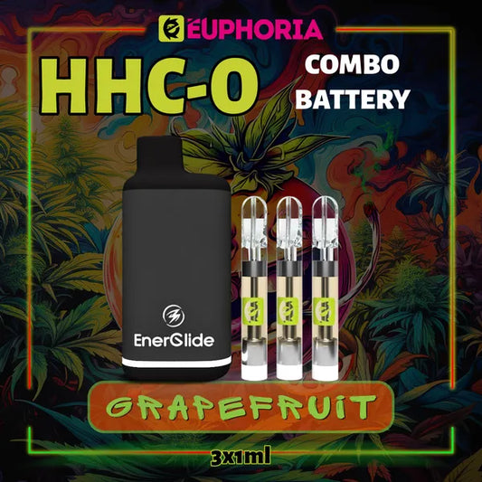 Trei HHCO Cartuș Vape + Battery de la E-Euphoria România, conținând 1ml cu 95% și miros de terpene Grapefruit, aromă de grepfrut pentru un efect calmant mental.