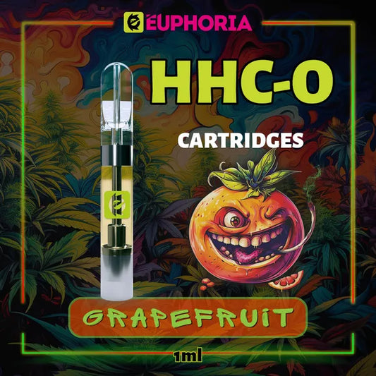 Un HHCO Cartuș Vape de la E-Euphoria România, conținând 1ml cu 95% și miros de terpene Grapefruit, aromă de grepfrut pentru un efect calmant mental.