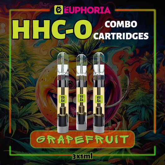 Trei HHCO Cartuș Vape de la E-Euphoria România, conținând 1ml cu 95% și miros de terpene Grapefruit, aromă de grepfrut pentru un efect calmant mental.