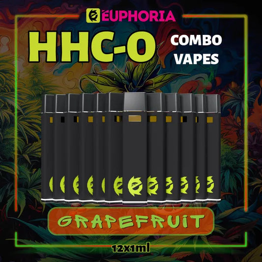 Doisprezece HHCO Vape de la E-Euphoria România, conținând 1ml cu 95% și miros de terpene Grapefruit, aromă de grepfrut pentru un efect calmant mental.