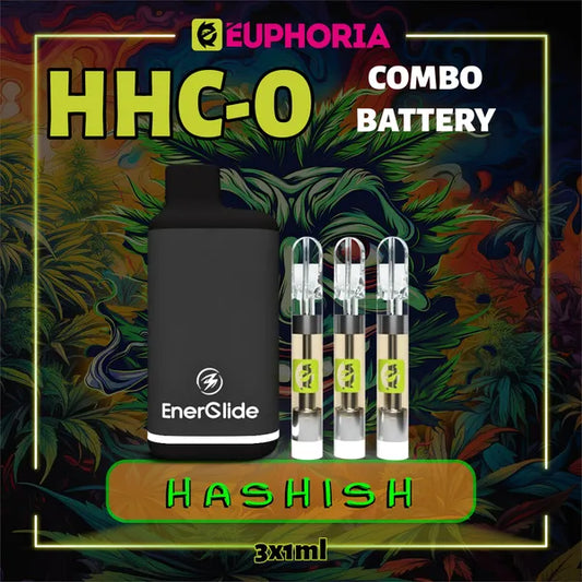 Trei HHCO Cartuș Vape + Battery de la E-Euphoria România, conținând 1ml cu 95% și miros de terpene Hashish, aromă pământească pentru un efect psihotrop.