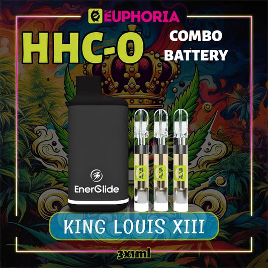 Trei HHCO Cartuș Vape + Battery de la E-Euphoria România, conținând 1ml cu 95% și miros de terpene King Louis XIII, aromă pământească pentru un efect relaxant.